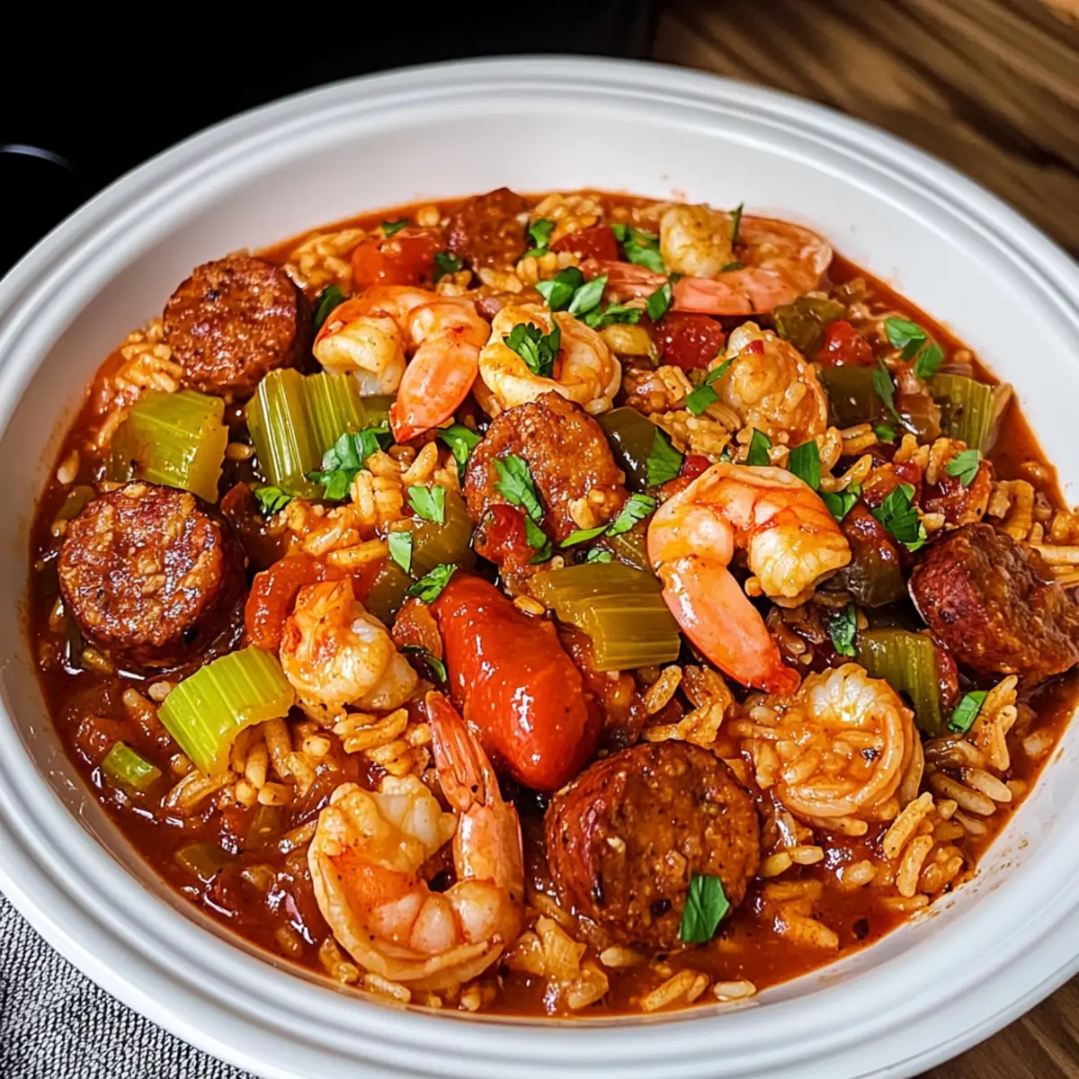 Crockpot Jambalaya Crockpot Jambalaya Zutaten: - 450 g Hähnchenbrust, gewürfelt - 250 g Chorizo, in Scheiben - 1 Zwiebel, gewürfelt - 1 Paprika, gewürfelt - 2 Stangen Sellerie, gewürfelt - 3 Knoblauchzehen, gehackt - 400 g gehackte Tomaten (aus der Dose) - 300 ml Hühnerbrühe - 2 Tassen Reis - 1 EL Cajun-Gewürz - 1 TL Thymian - 1 TL Paprika - Salz und Pfeffer nach Geschmack - 250 g Garnelen (optional) - 3 Frühlingszwiebeln, gehackt (zum Garnieren) Anleitung: 1. In einem Crockpot Hähnchen, Chorizo, Zwiebel, Paprika, Sellerie und Knoblauch vermengen. 2. Gehackte Tomaten, Hühnerbrühe, Reis, Cajun-Gewürz, Thymian und Paprika hinzufügen. 3. Mit Salz und Pfeffer abschmecken. 4. Den Deckel auflegen und 6-8 Stunden auf niedriger Stufe garen. 5. Kurz vor dem Servieren die Garnelen hinzufügen und weitere 15 Minuten garen. 6. Mit Frühlingszwiebeln garnieren und servieren.