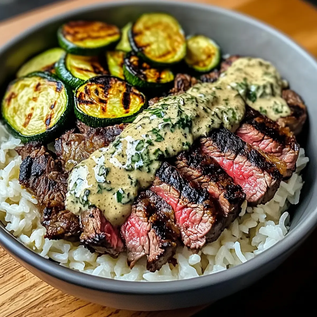 Grilled Steak Bowl with Sauce Grilled Zucchini Bliss mdozfp