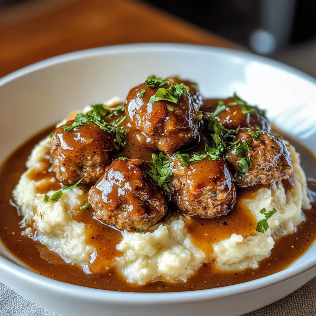 Fleischbällchen und Soße über cremigem Blumenkohl-Püree