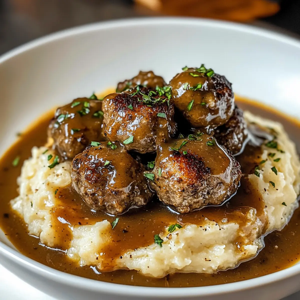 Meatballs And Gravy Over Creamy Cauliflower Mash ht5q8q