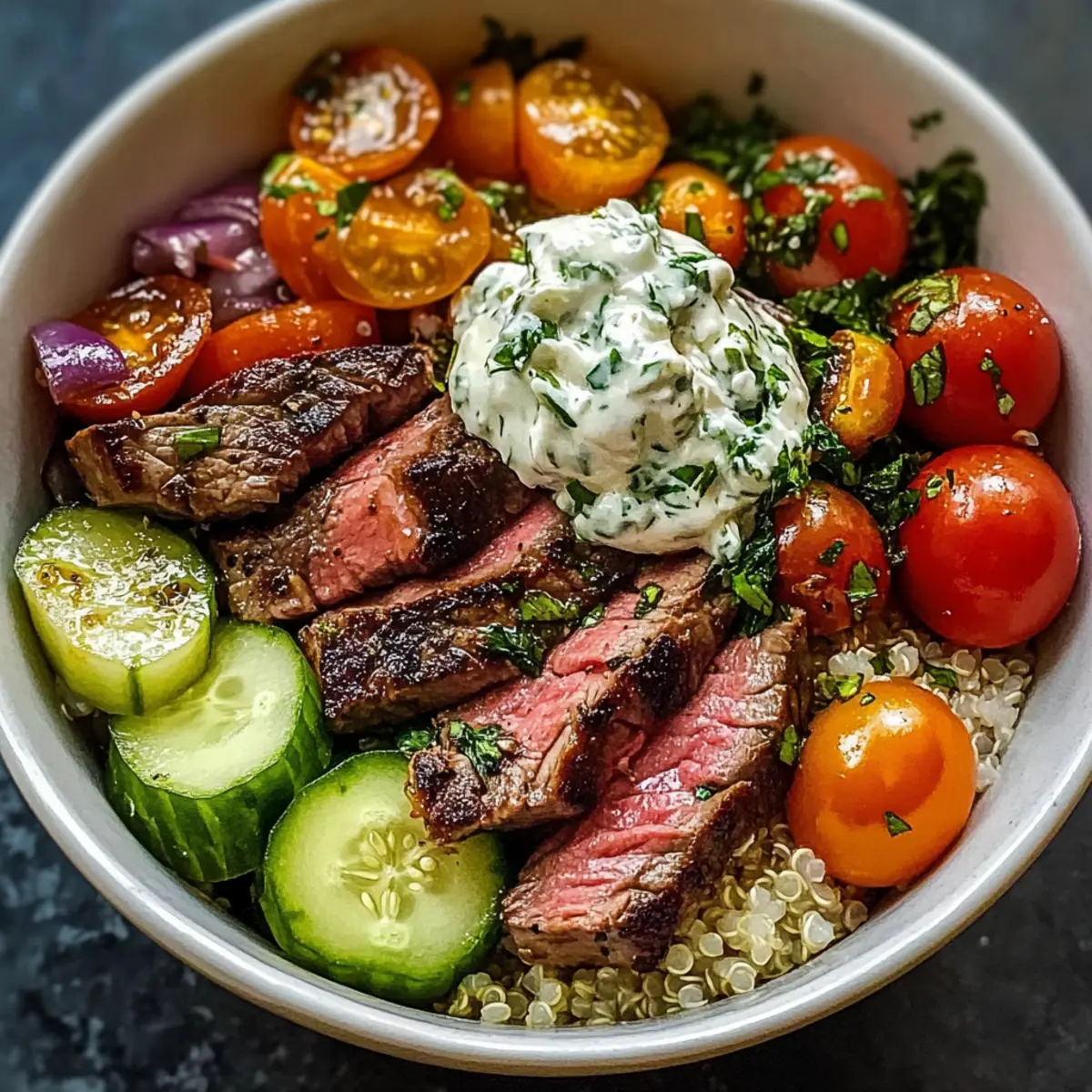 Mediterraner Steak-Bowl Rezept Zutaten: - 500 g Steak - 1 Tasse Quinoa - 2 Tassen Gemüsebrühe - 1 Tasse Kirschtomaten, halbiert - 1 Gurke, gewürfelt - 1/2 rote Zwiebel, fein gehackt - 1 Tasse Feta-Käse, zerbröselt - 1/4 Tasse Olivenöl - 2 Esslöffel Zitronensaft - 1 Teelöffel Oregano - Salz und Pfeffer nach Geschmack Anleitung: 1. Steak grillen oder braten, bis es den gewünschten Gargrad erreicht hat. In Scheiben schneiden. 2. Quinoa gemäß den Anweisungen auf der Verpackung in Gemüsebrühe kochen. 3. In einer großen Schüssel Kirschtomaten, Gurke, rote Zwiebel und Feta-Käse kombinieren. 4. In einer kleinen Schüssel Olivenöl, Zitronensaft, Oregano, Salz und Pfeffer verquirlen. 5. Gekochte Quinoa zu den Gemüse und Feta-Mischung hinzufügen. 6. Das Steak auf die Schüsseln verteilen und mit Dressing beträufeln. 7. Servieren und genießen.