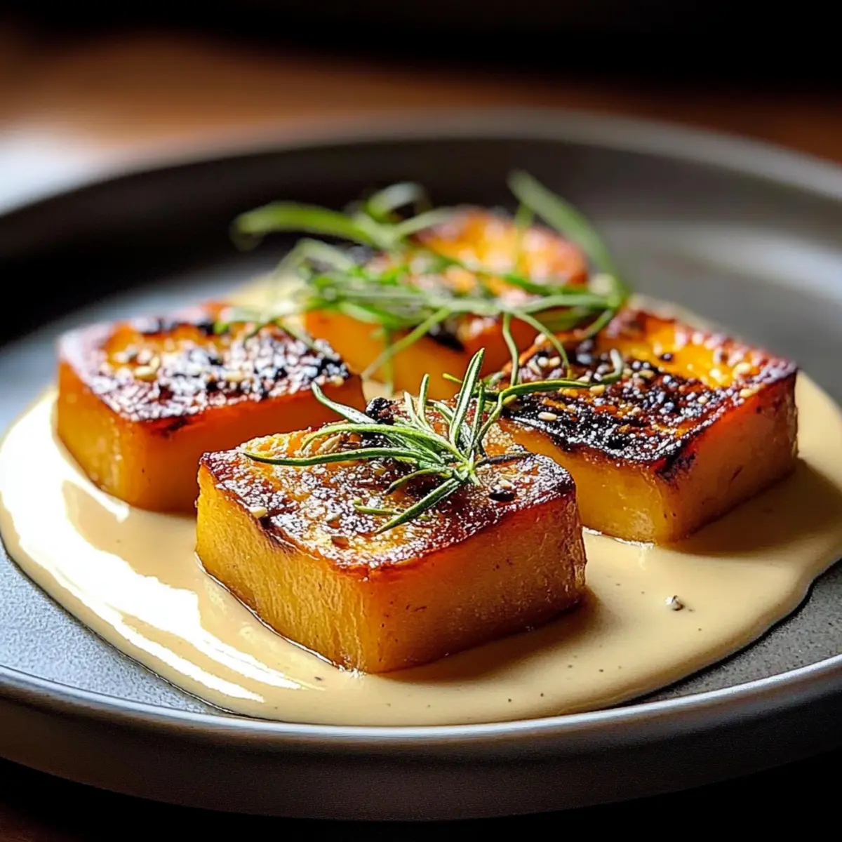 Süßkartoffel-Fondant mit geräucherter Mandelcreme und Rosmarinöl