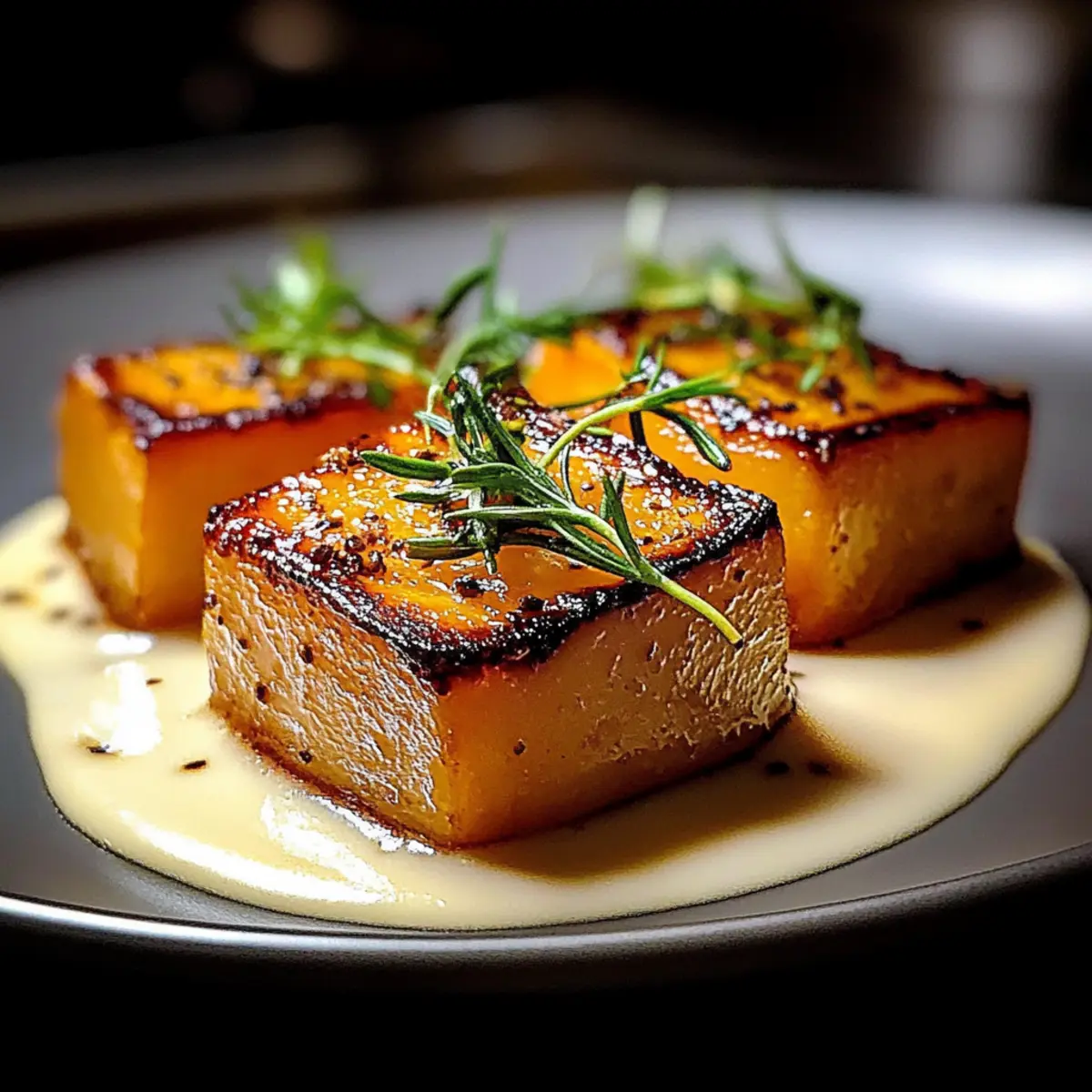 Sweet Potato Fondant with Smoked Almond Cream Rosemary Oil ogewbg