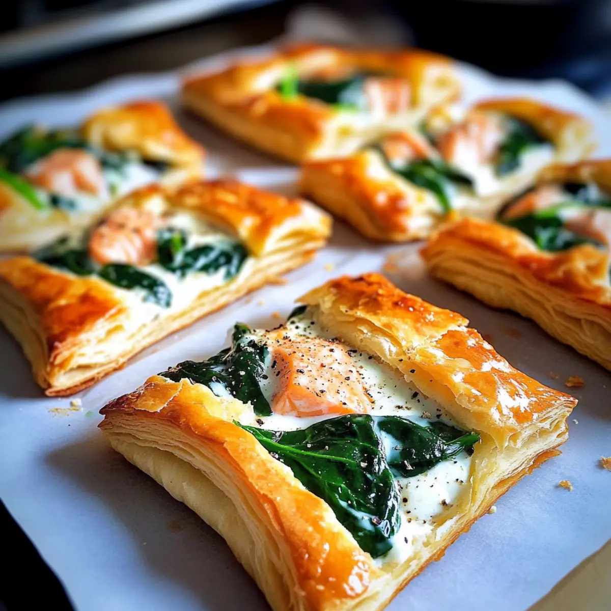 BlA¤tterteig mit Lachs CrA¨me fraA®che und Spinat m15nt3