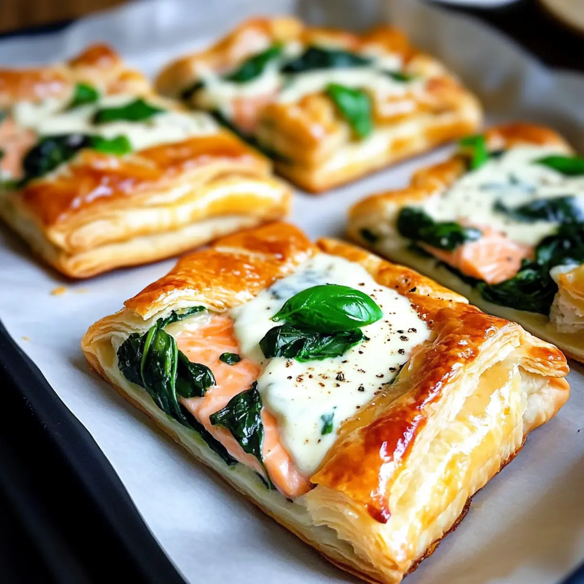 Puff pastry with salmon, crème fraîche and spinach