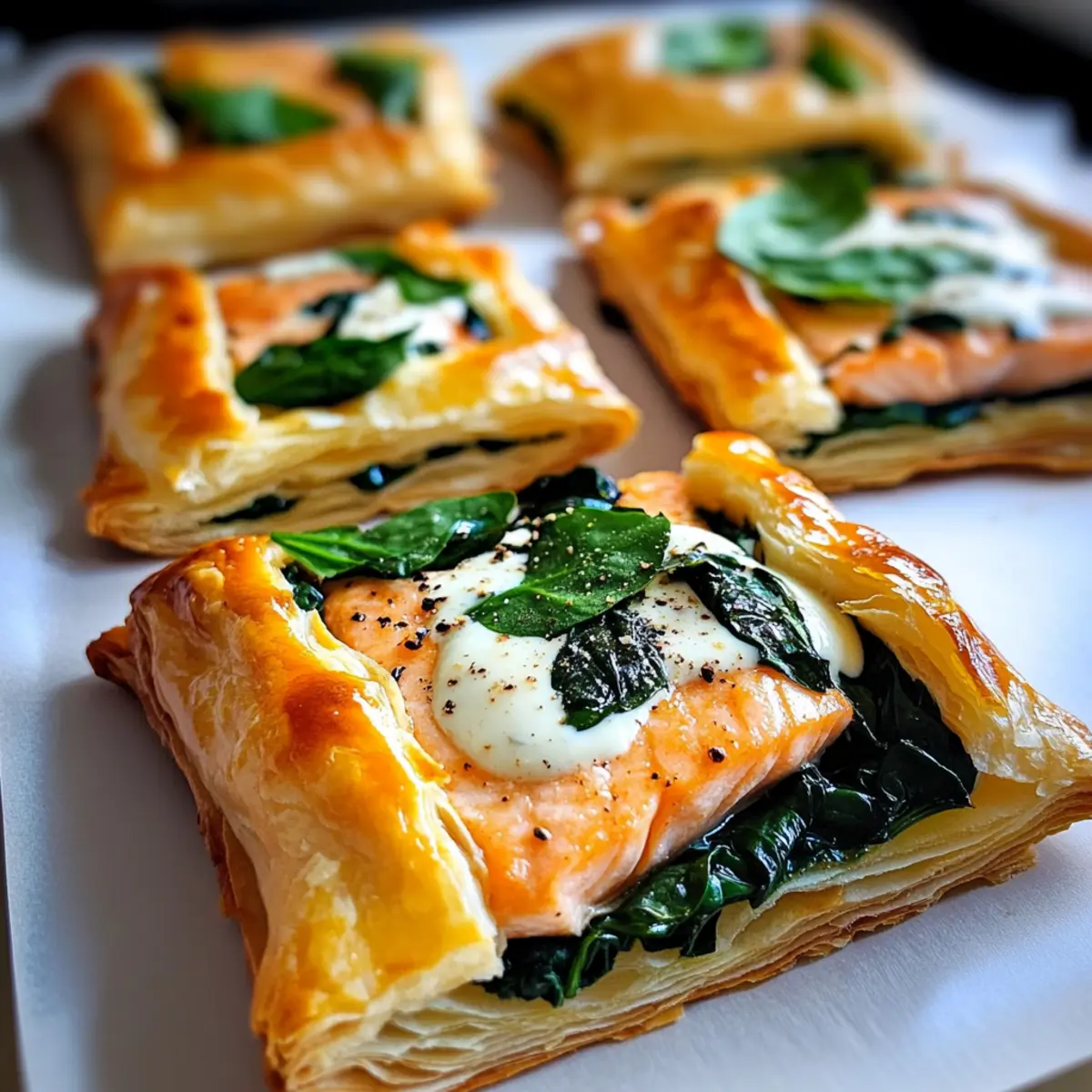 BlA¤tterteig mit Lachs CrA¨me fraA®che und Spinat yju6k5