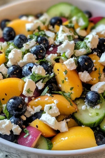 Blaubeer-Pfirsich-Feta-Salat Rezept Zutaten: - 2 Tassen frische Blaubeeren - 2 reife Pfirsiche, gewürfelt - 100 g Feta-Käse, zerbröselt - 4 Tassen gemischter grüner Salat - 1/4 Tasse gehackte Walnüsse - 2 Esslöffel Olivenöl - 1 Esslöffel Honig - 1 Esslöffel Balsamico-Essig - Salz und Pfeffer nach Geschmack Anleitung: 1. In einer großen Schüssel den grünen Salat, die Blaubeeren, die Pfirsiche und die Walnüsse vermengen. 2. In einer kleinen Schüssel Olivenöl, Honig, Balsamico-Essig, Salz und Pfeffer vermischen. 3. Das Dressing über den Salat gießen und gut vermengen. 4. Den zerbröselten Feta-Käse darüber streuen. 5. Sofort servieren.