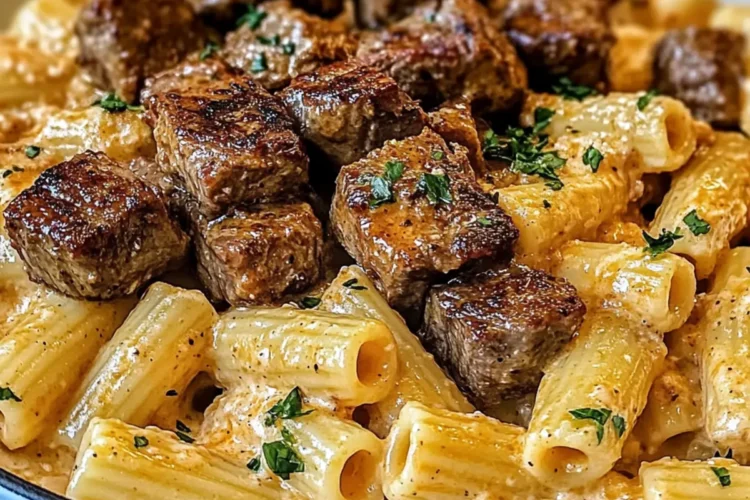 Cajun Steak Tipps in käsiger Rigatoni Parmesan Soße