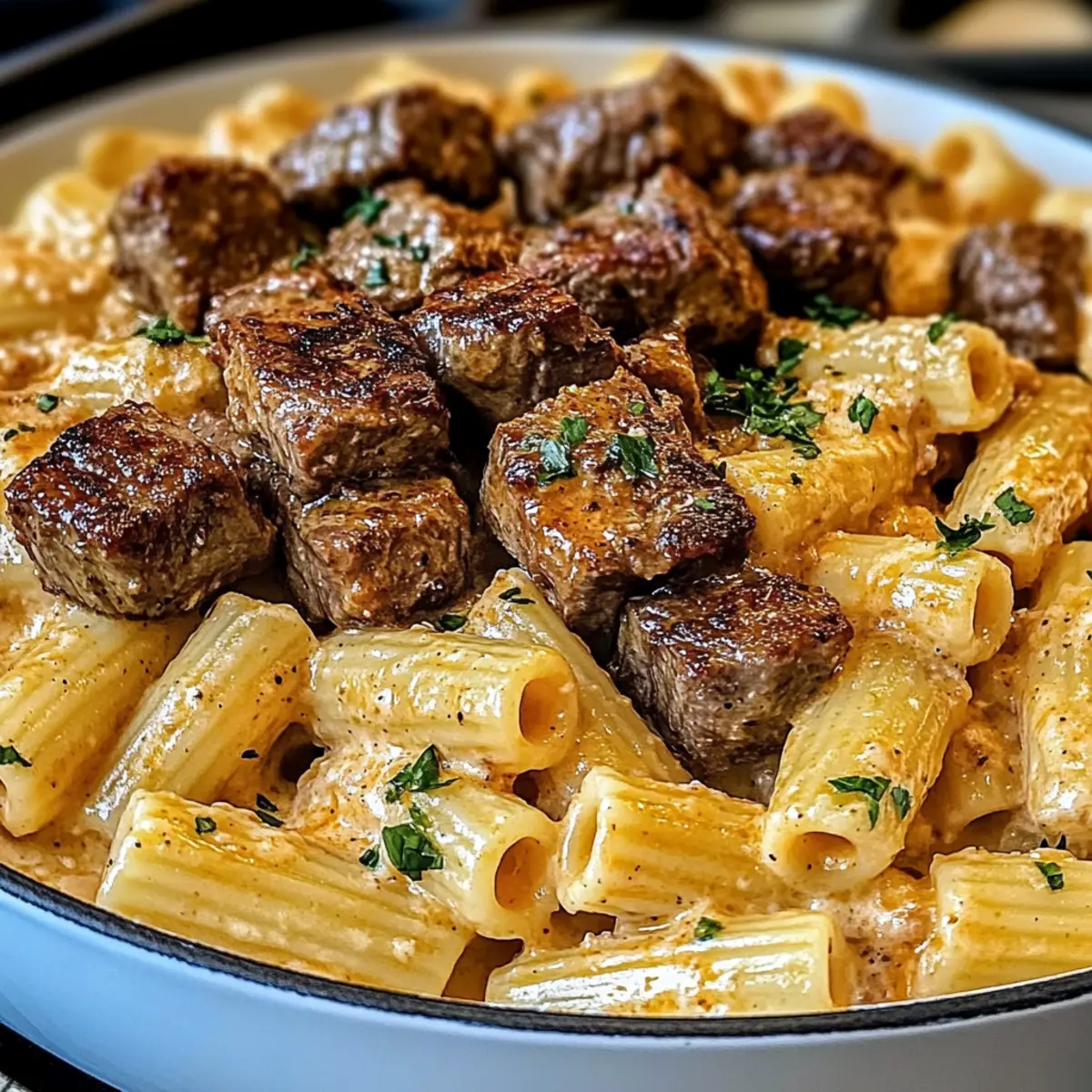 Cajun Steak Tipps in käsiger Rigatoni Parmesan Soße