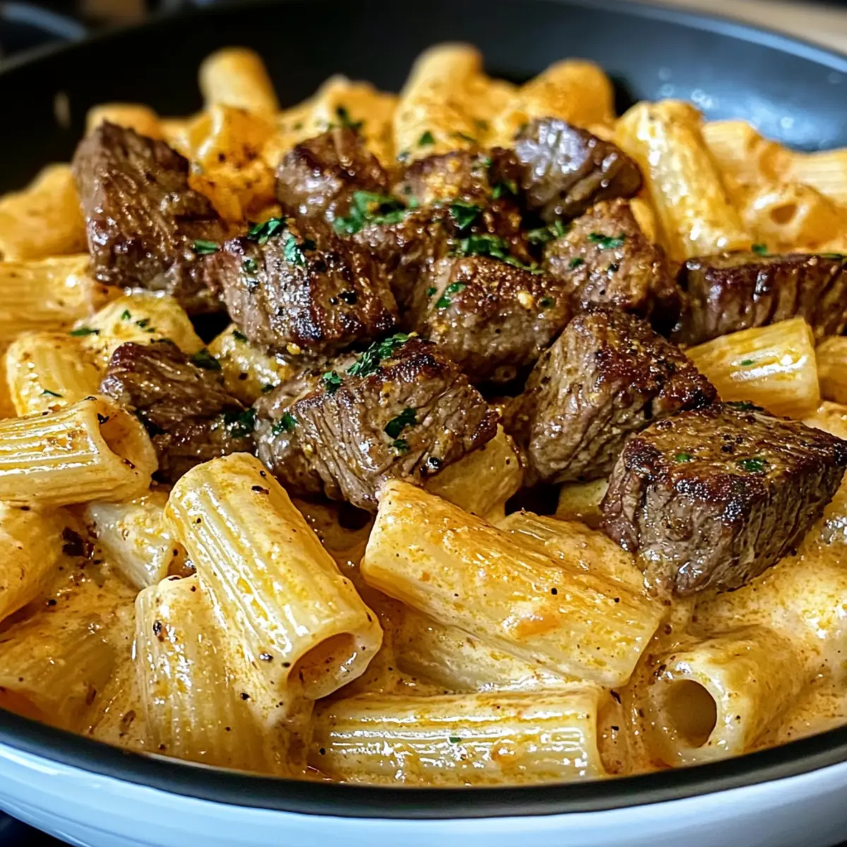 Cajun Steak Tips in Cheesy Rigatoni Parmesan Sauce sspebj