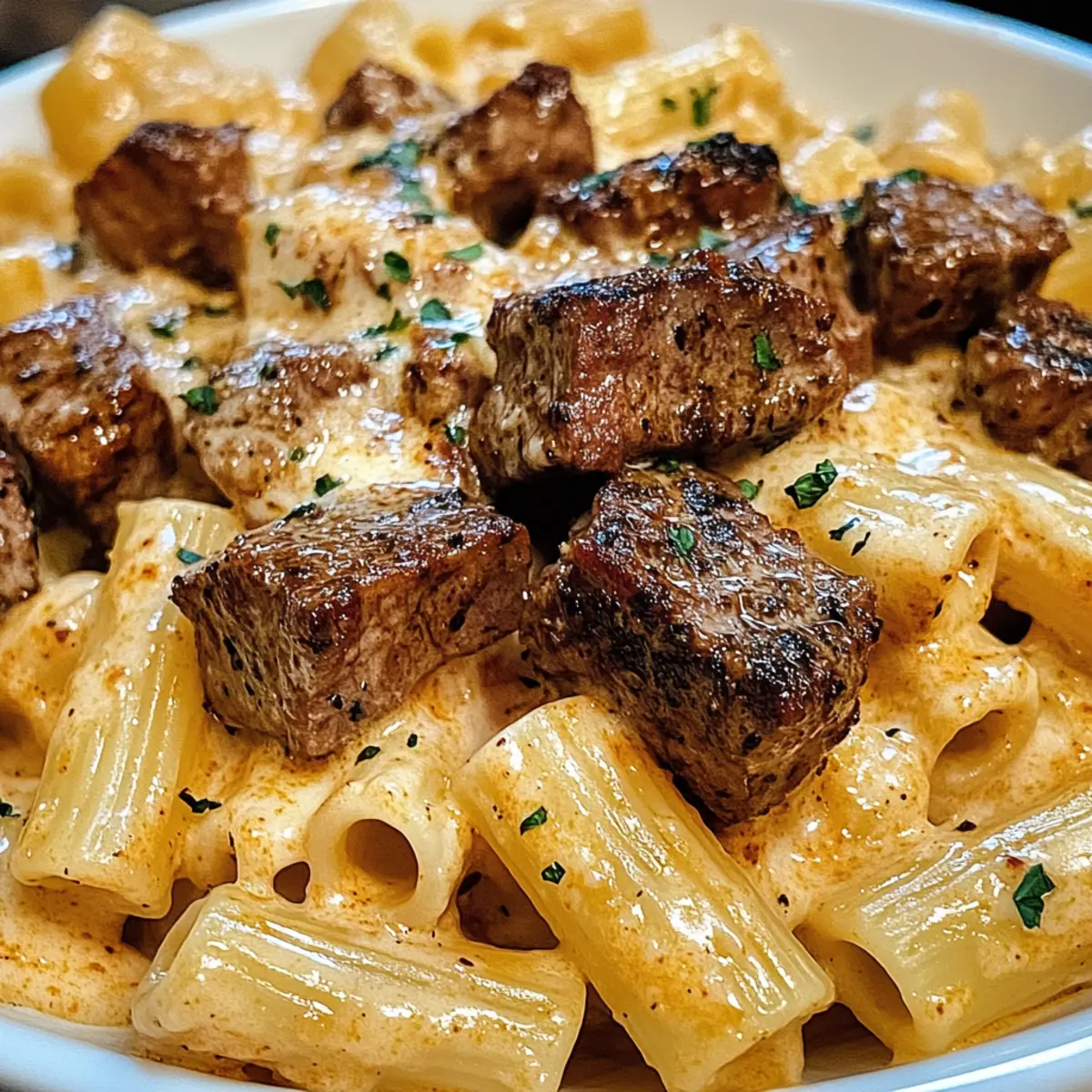 Cajun Steak Tips in Cheesy Rigatoni Parmesan Sauce tk0tou