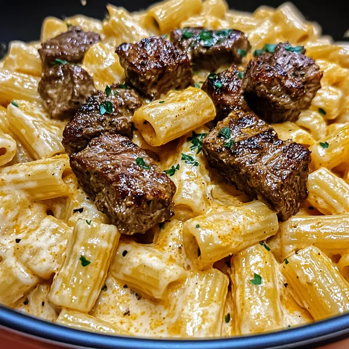 Cajun Steak Tips in Cheesy Rigatoni Parmesan Sauce ueajup