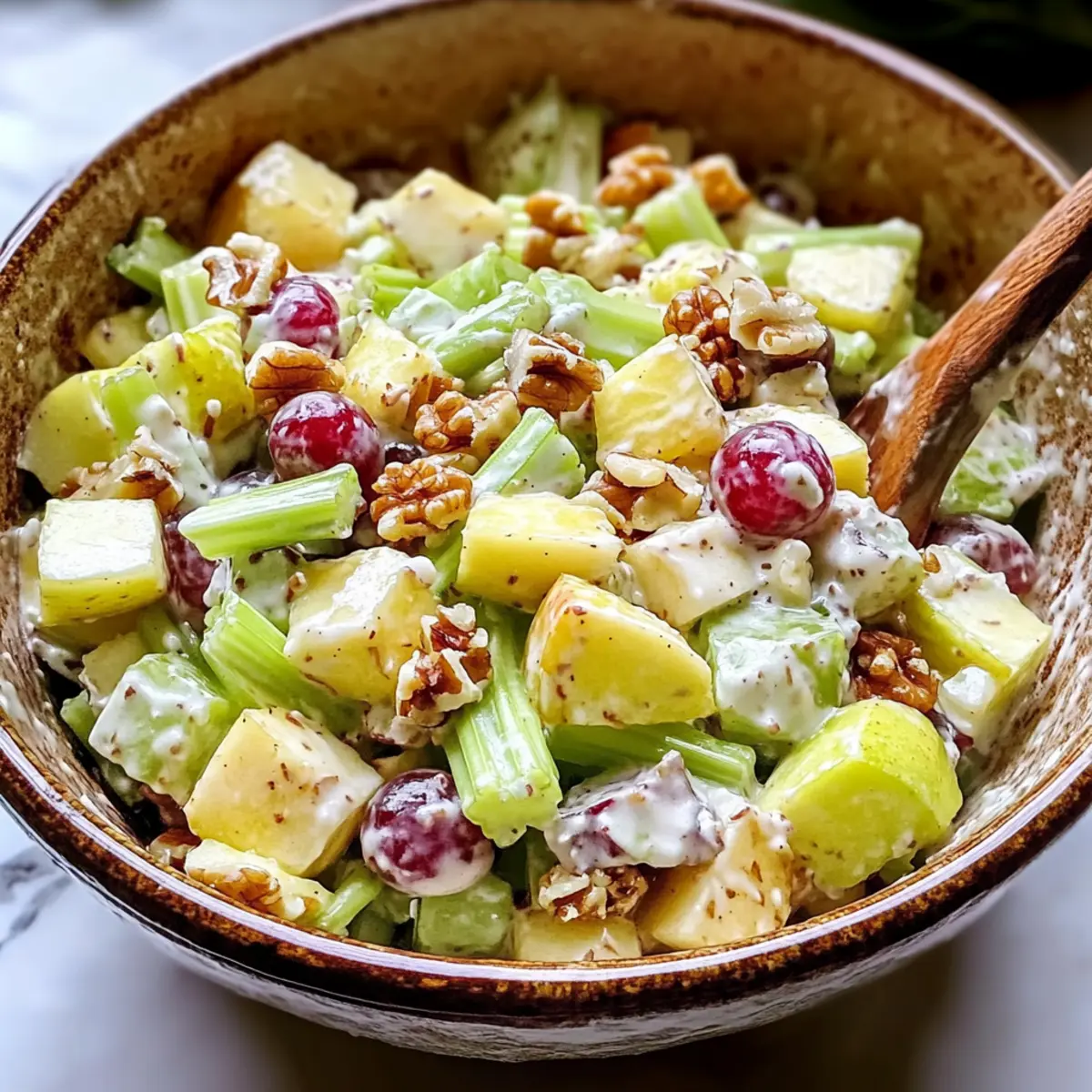 Klassisches Waldorf-Salat-Rezept Zutaten: - Äpfel - Sellerie - Walnüsse - Trauben - Joghurt - Mayonnaise - Zitronensaft - Salz - Pfeffer Anleitung: 1. Äpfel schälen und würfeln. 2. Sellerie in Stücke schneiden. 3. Walnüsse hacken. 4. Trauben halbieren. 5. In einer Schüssel Äpfel, Sellerie, Walnüsse und Trauben vermengen. 6. In einer separaten Schüssel Joghurt, Mayonnaise, Zitronensaft, Salz und Pfeffer vermischen. 7. Die Joghurt-Mischung über den Salat gießen und gut vermengen. 8. Kalt servieren.