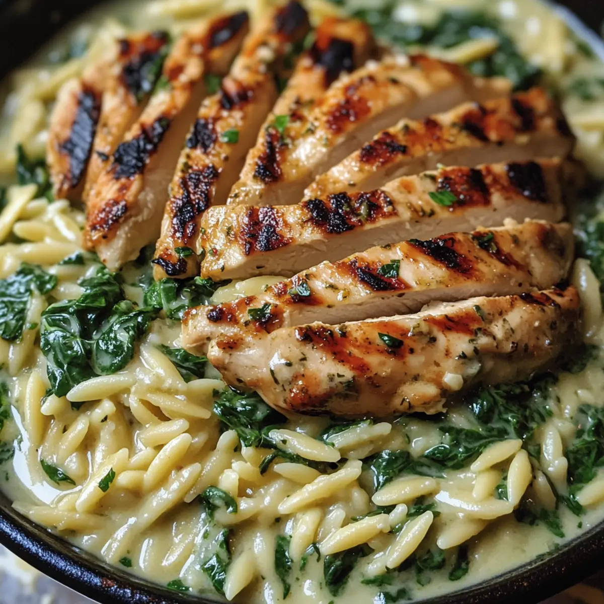 Cremige Spinat Parmesan Orzo mit gegrilltem Hähnchen Rezept