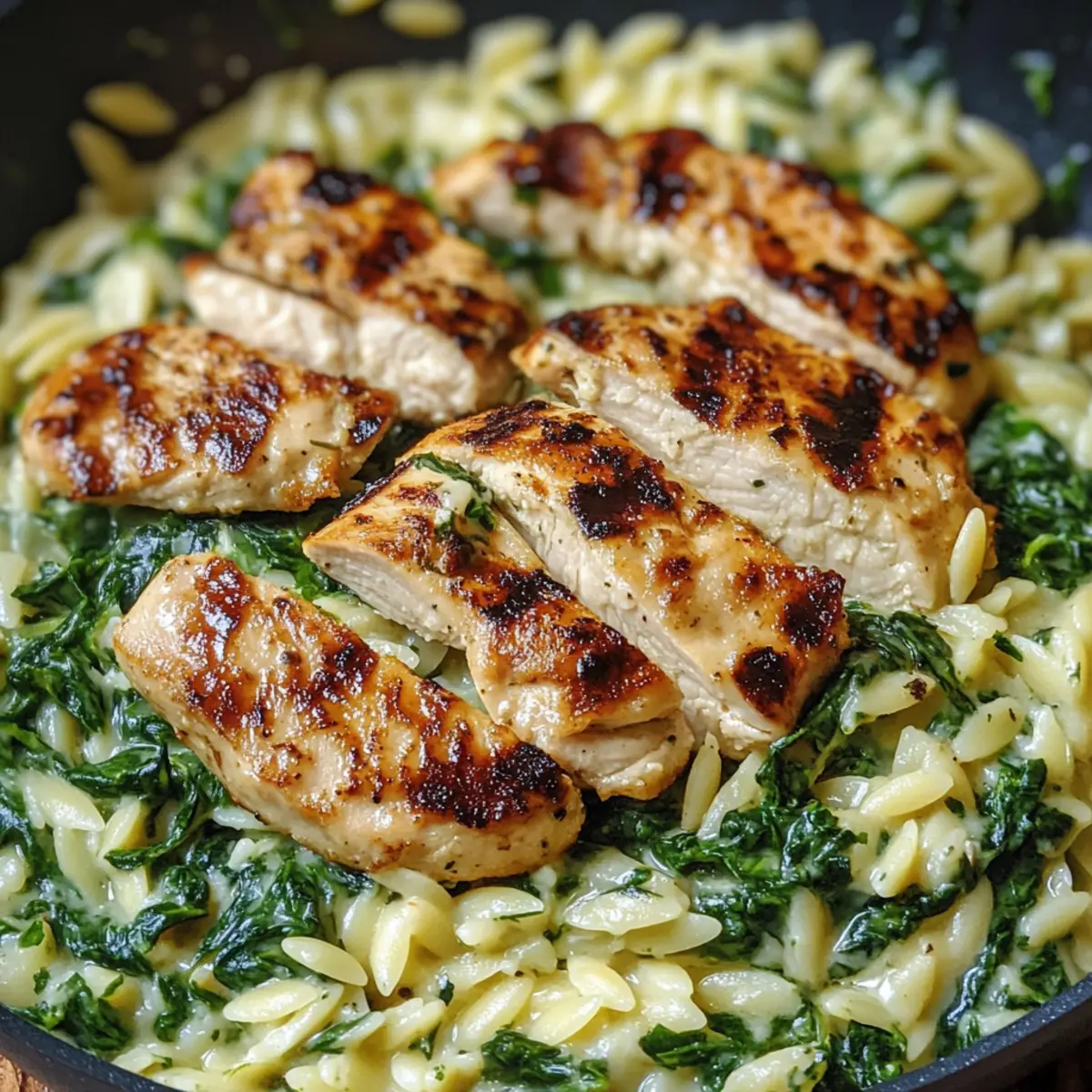 Creamy Spinach Parmesan Orzo with Grilled Chicken Recipe zro4l6