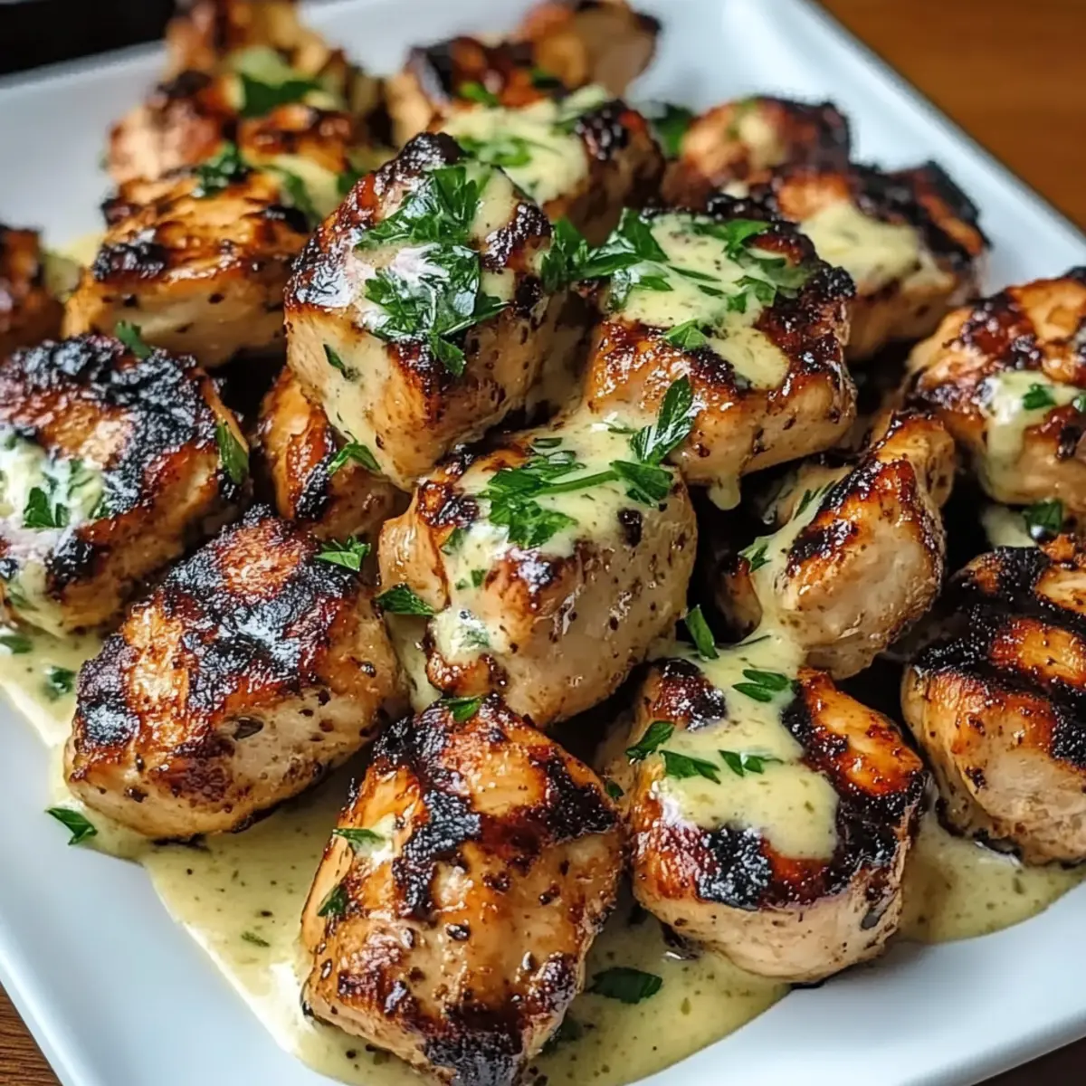 Leckere gegrillte Hähnchenbissen mit cremiger Knoblauchsauce