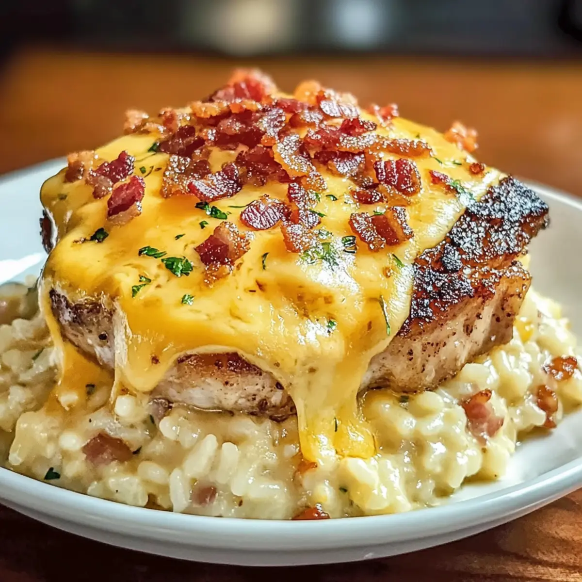 Braised Pork Chops with Cheesy Bacon Rice