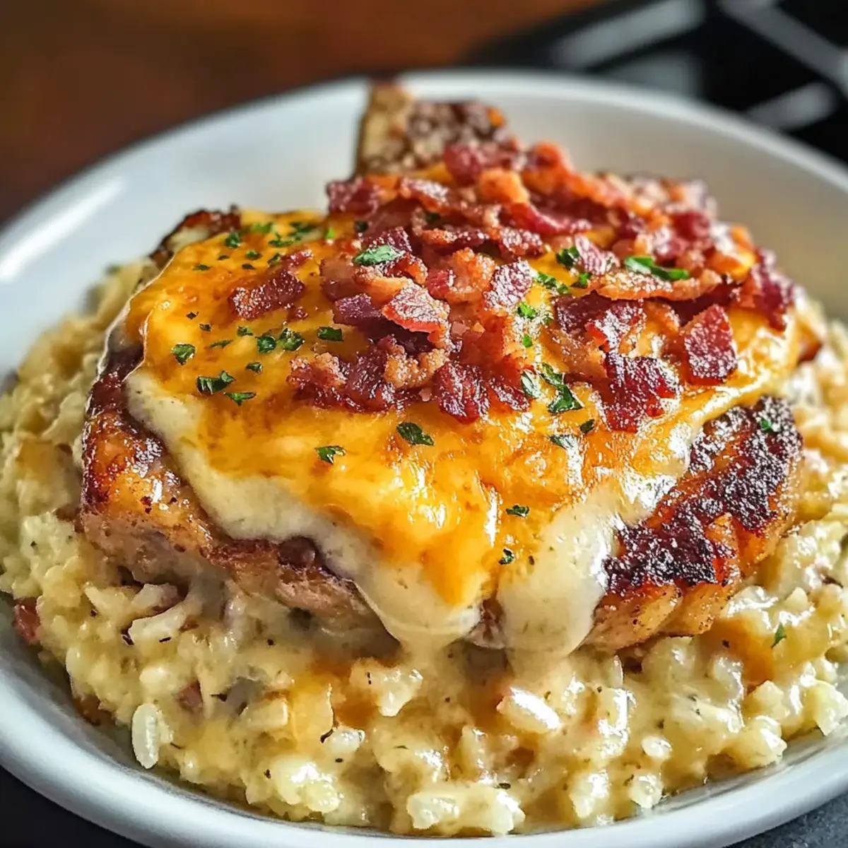 Geschmorte Schweinekoteletts mit kA¤sigem Bacon