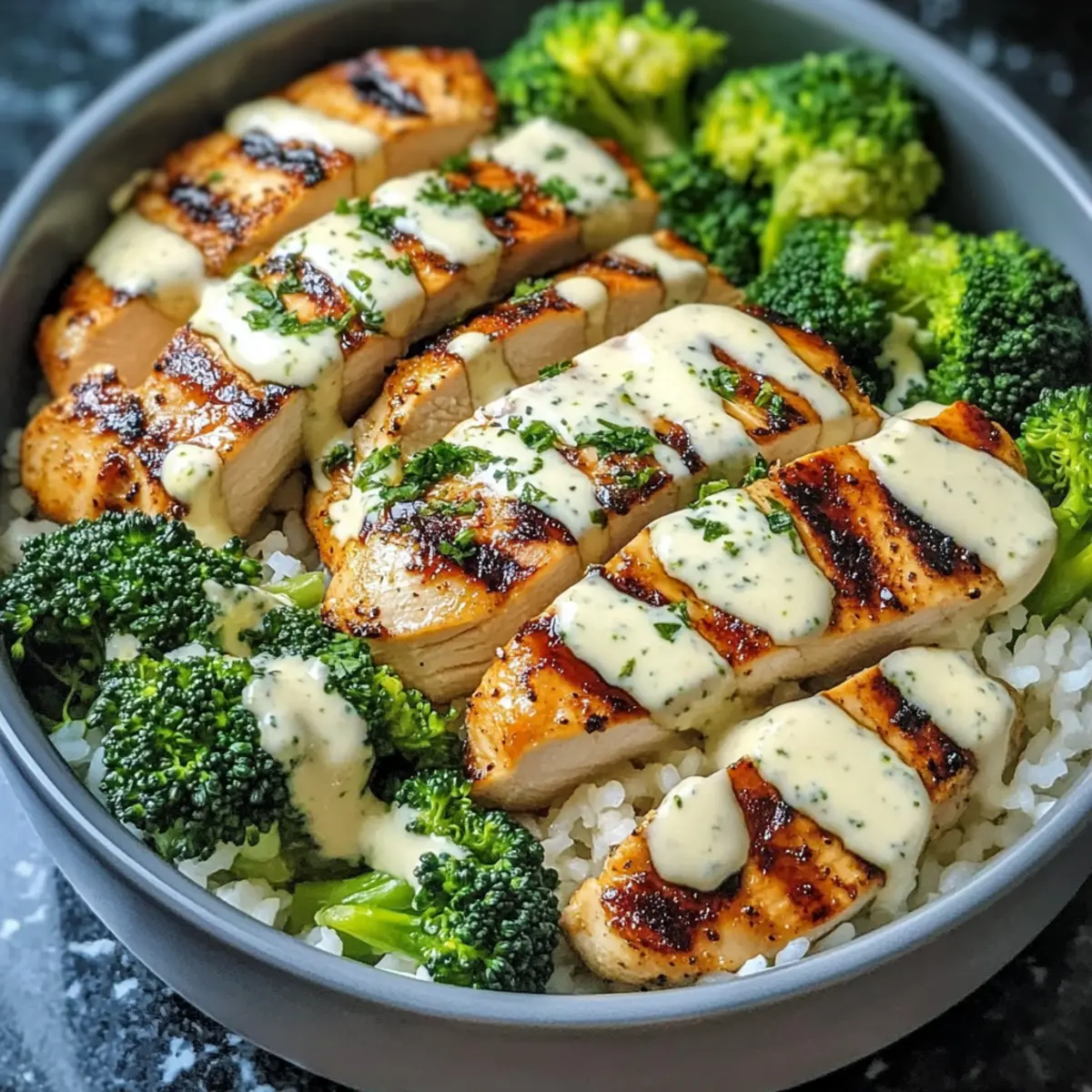 Grilled Chicken Broccoli Bowls with Creamy Garlic Sauce agrknj