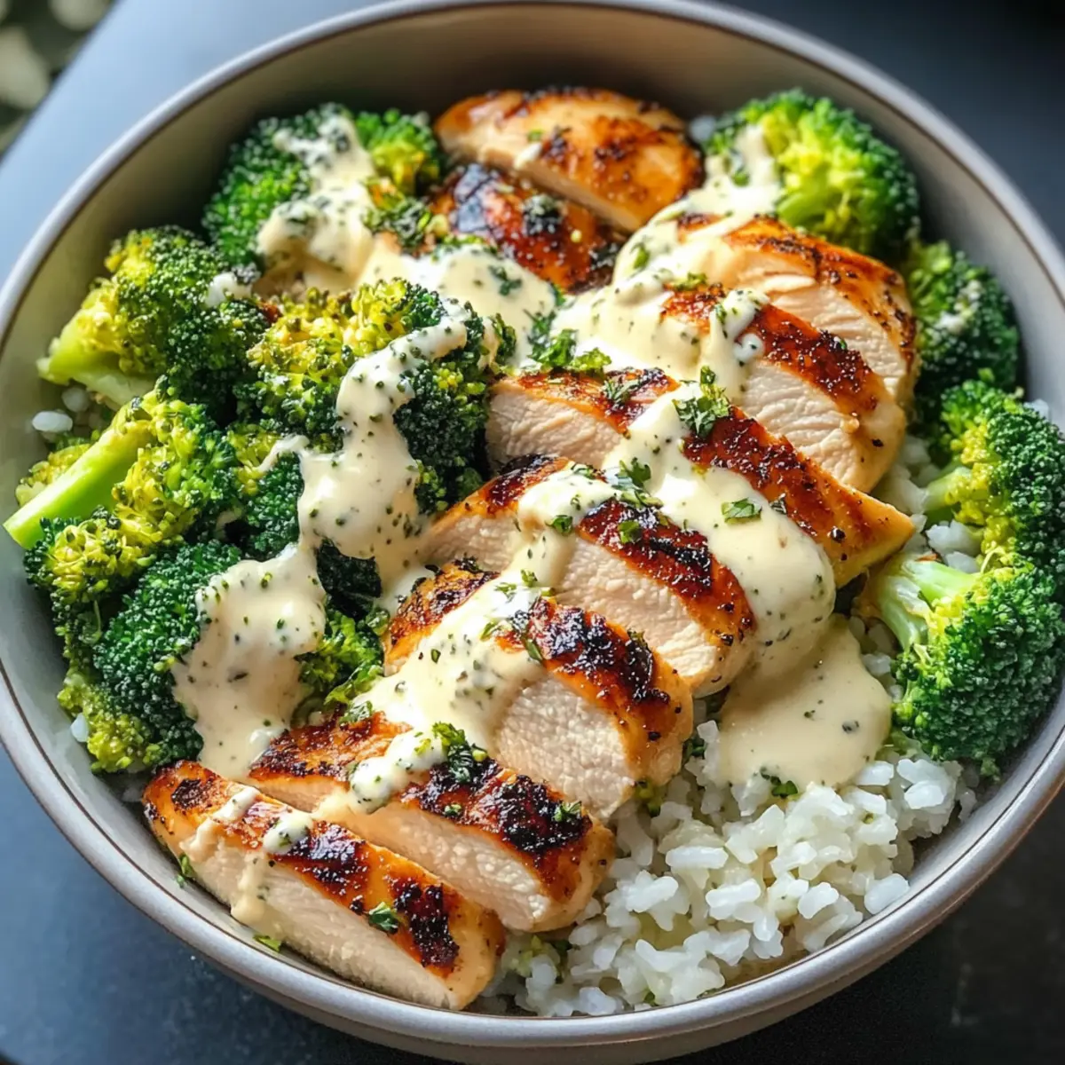 Grilled Chicken Broccoli Bowls with Creamy Garlic Sauce hr7scz