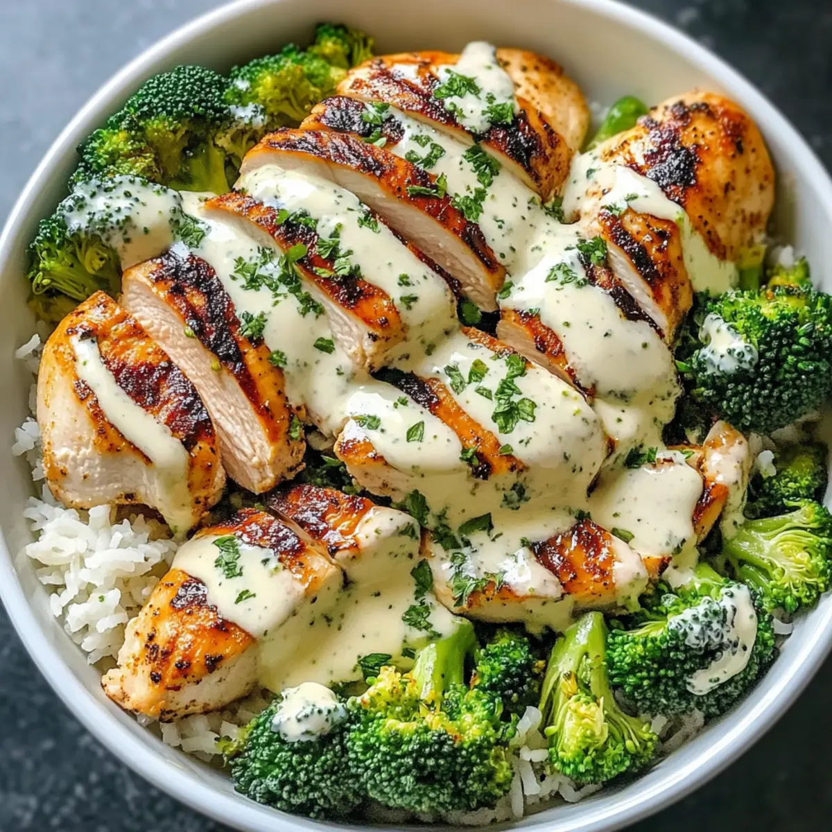 Gegrillte Hähnchen- und Brokkoli-Schalen mit cremiger Knoblauchsauce