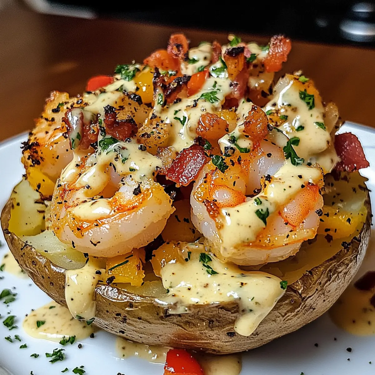 Beladene Garnelen Speck Kartoffel