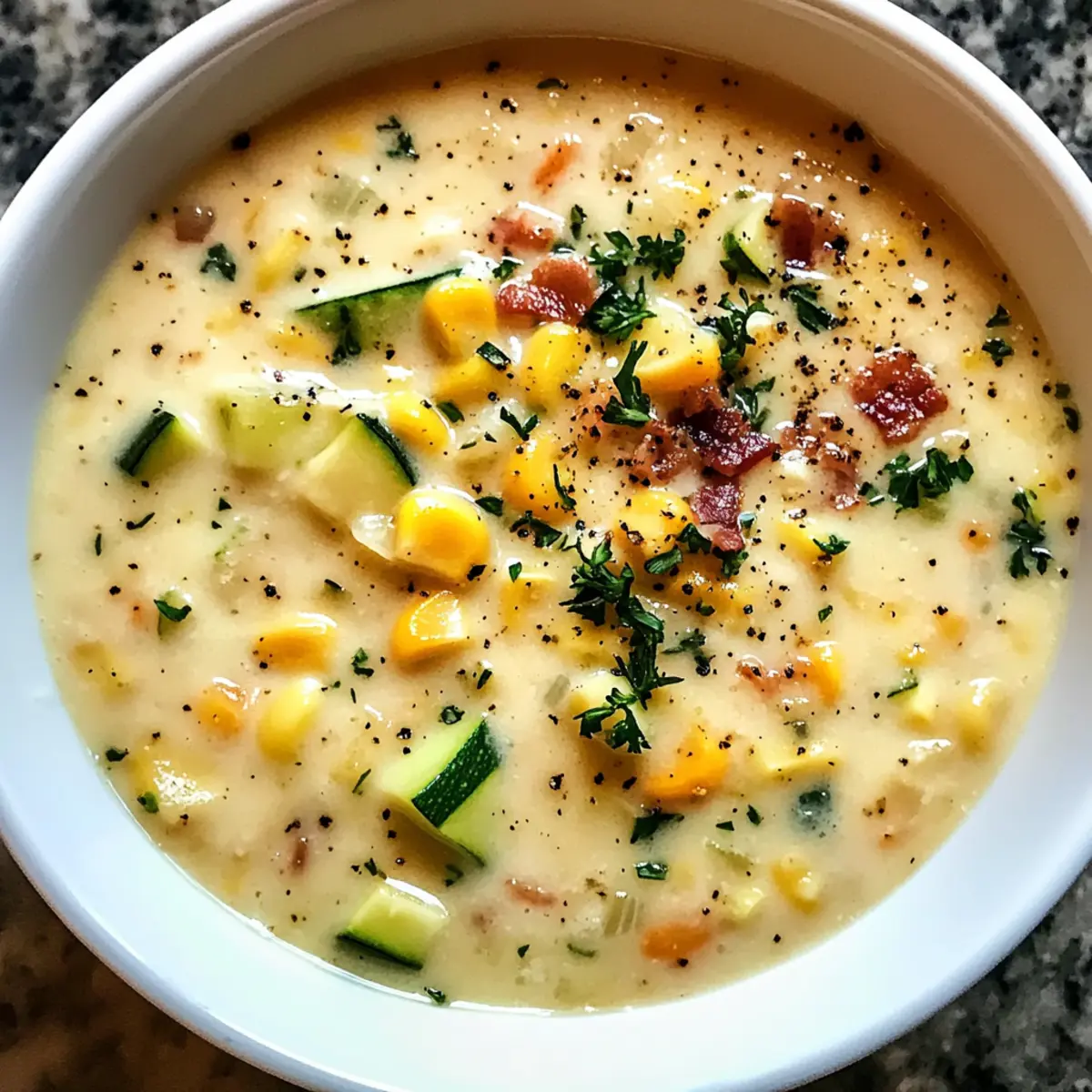 Zucchini-Mais-Cremesuppe Rezept Zutaten: - 2 mittelgroße Zucchini, gewürfelt - 1 Tasse frischer oder gefrorener Mais - 1 Zwiebel, gehackt - 2 Knoblauchzehen, gehackt - 4 Tassen Gemüsebrühe - 1 Tasse Sahne - 2 Esslöffel Olivenöl - Salz und Pfeffer nach Geschmack - Frische Petersilie zur Garnierung Anleitung: 1. Olivenöl in einem großen Topf erhitzen. 2. Zwiebel und Knoblauch hinzufügen und 5 Minuten anbraten, bis sie weich sind. 3. Zucchini und Mais hinzufügen und weitere 5 Minuten kochen. 4. Gemüsebrühe hinzufügen und zum Kochen bringen. 15 Minuten köcheln lassen. 5. Mit einem Pürierstab die Suppe teilweise pürieren, sodass sie eine cremige Konsistenz hat. 6. Sahne hinzufügen und gut umrühren. Mit Salz und Pfeffer abschmecken. 7. Mit frischer Petersilie garnieren und servieren.