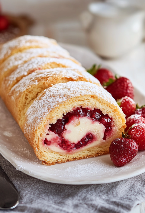 Einfaches Rezept für Erdbeer Biskuitrolle mit Sahnefüllung