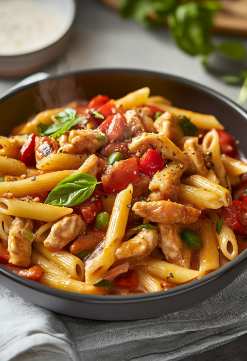 Knackige Nudeln mit Hähnchen in cremiger Sauce